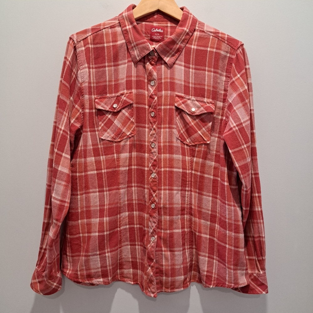 Cabela's Red Plaid Pearl Snap Flannel Western Cowgirl Outdoors Shirt Womens XL